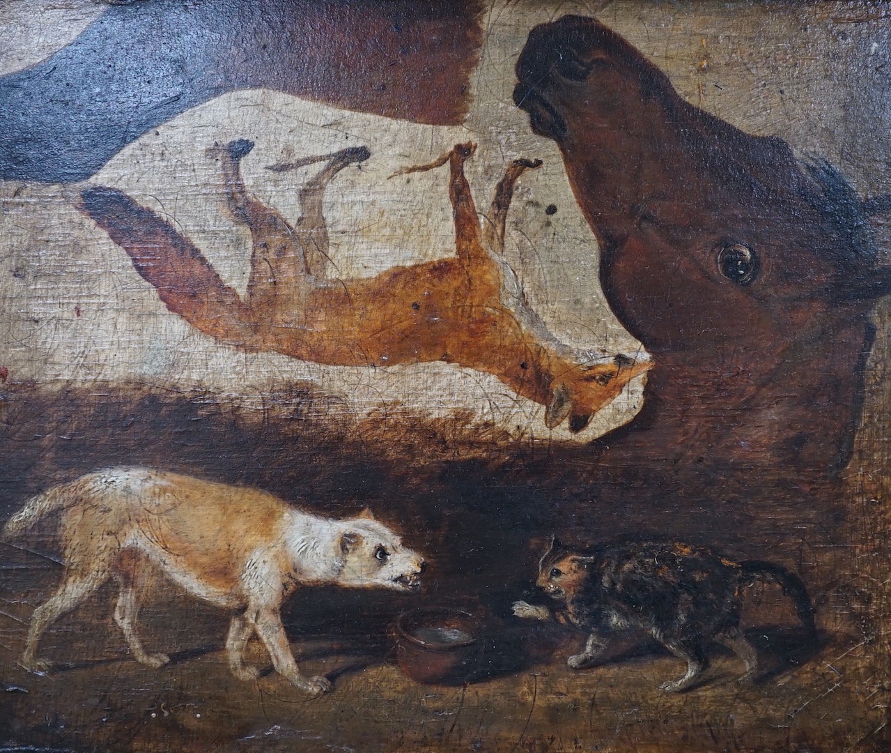 John Frederick Herring Jnr. (1815-1907), oil on panel, Sketch study of a horse's head, dog and cat and a fox, Canon Gallery label verso, 18 x 22cm